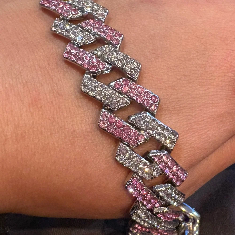 Pink and Silver Pave Cuban Link Bracelet - Women's Jewelry